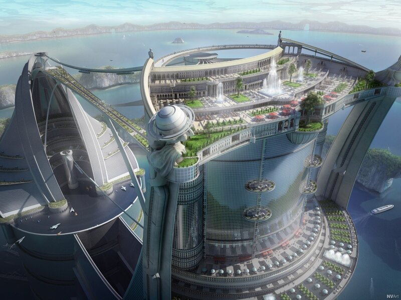 Futuristic Floating City — Blue, Serene, Afternoon, Digital Art, Skyscraper, Fountain, Bridge