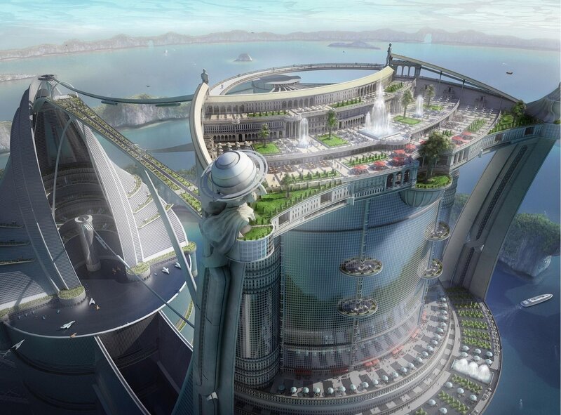 Futuristic Floating City — Blue, Serene, Afternoon, Digital Art, Skyscraper, Fountain