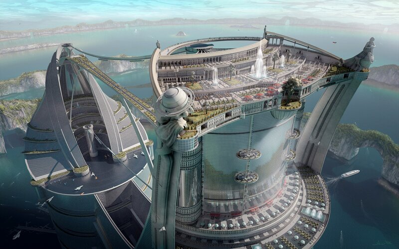 Futuristic Floating City — Blue, Serene, Afternoon, Digital Art, Skyscraper, Statue