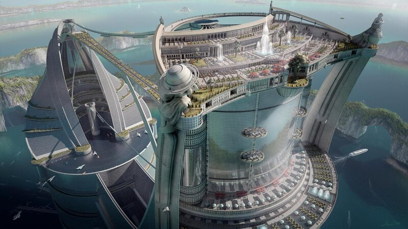 Futuristic Floating City — Blue, Serene, Afternoon, Digital Art, Statue