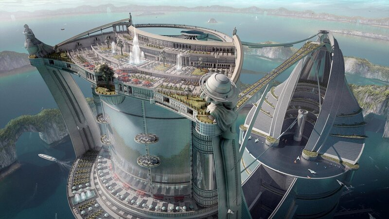 Futuristic Floating City — Blue, Serene, Afternoon, Digital Art, Statues