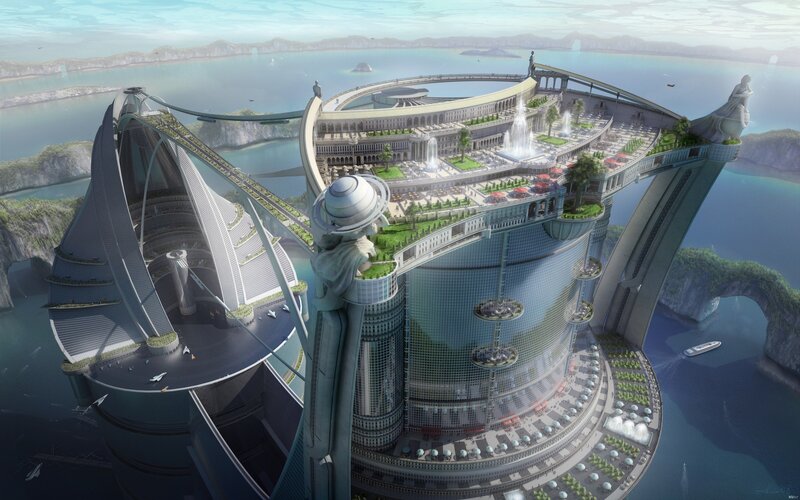 Futuristic Floating City — Blue, Serene, Afternoon, Digital Art, Water, Skyscraper, Statue, Ship