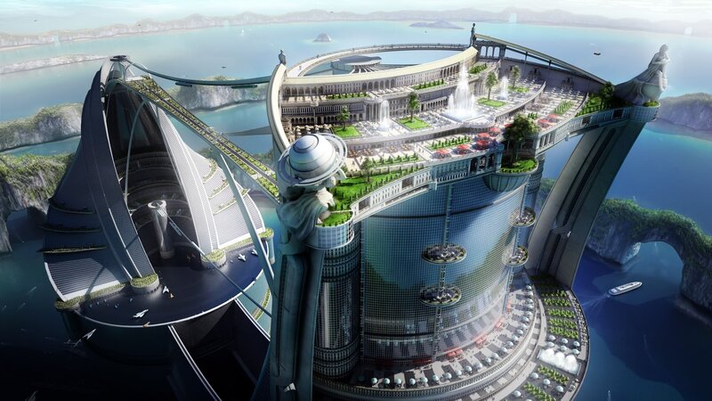 Futuristic Floating City — Blue, Serene, Afternoon
