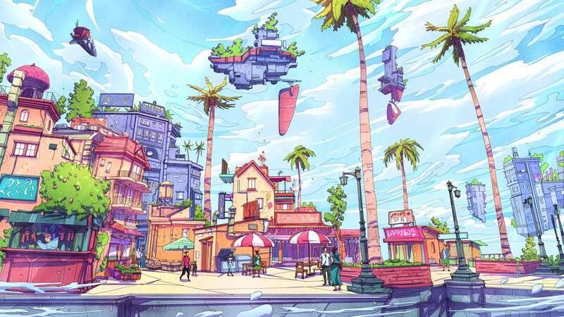 Futuristic Floating City — Blue, Vibrant