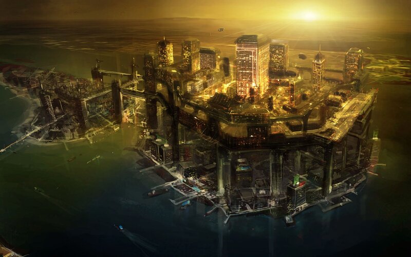 Futuristic Floating City — Gold, Dramatic, Sunset, Digital Art, Skyscrapers, Water