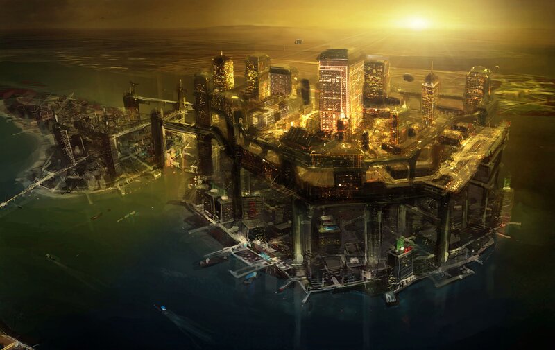 Futuristic Floating City — Gold, Dramatic, Sunset