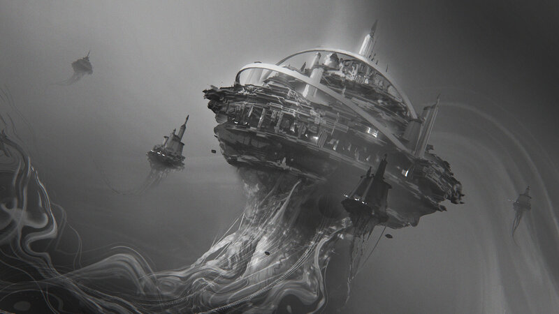 Futuristic Floating City — Gray, Dramatic