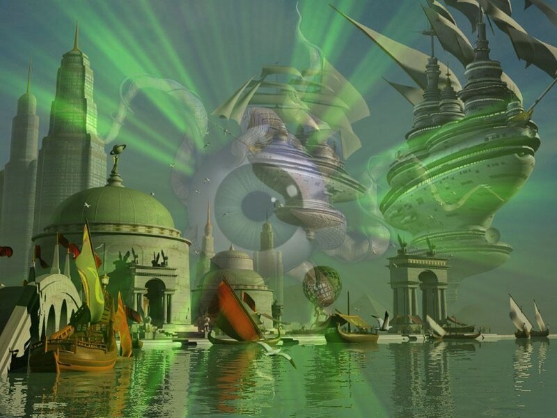 Futuristic Floating City — Green, Dreamy