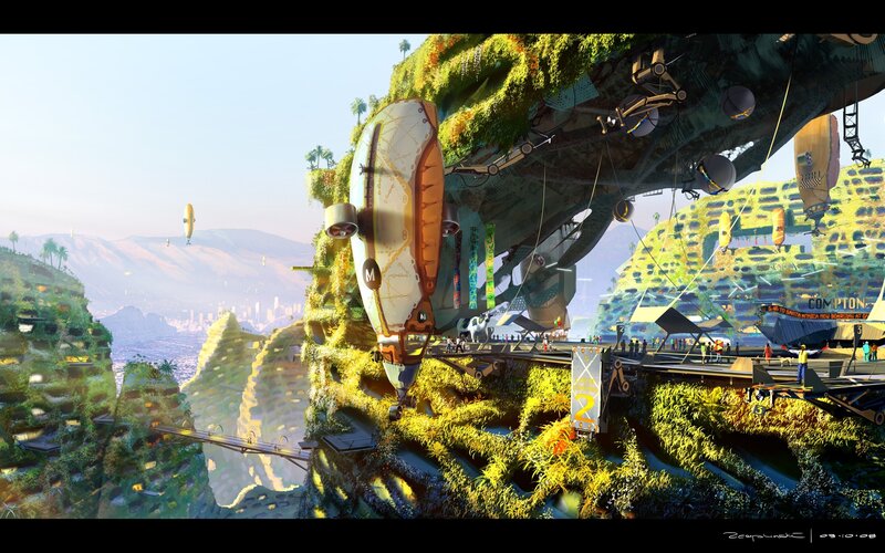 Futuristic Floating City — Green, Serene, Afternoon, Digital Art, Airships, Hanging Bridges