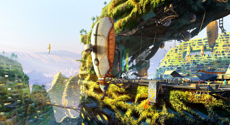 Futuristic Floating City — Green, Serene, Afternoon, Digital Art, Airships