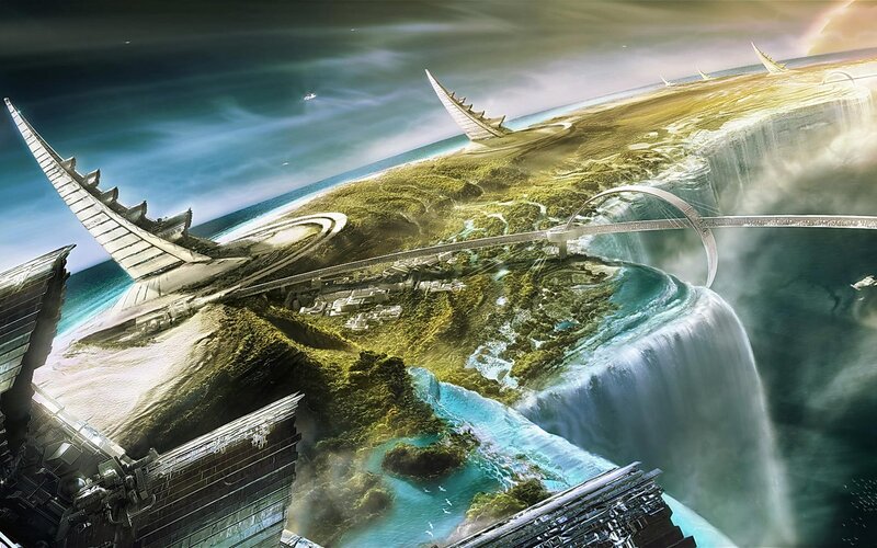 Futuristic Floating Island — Green, Dramatic