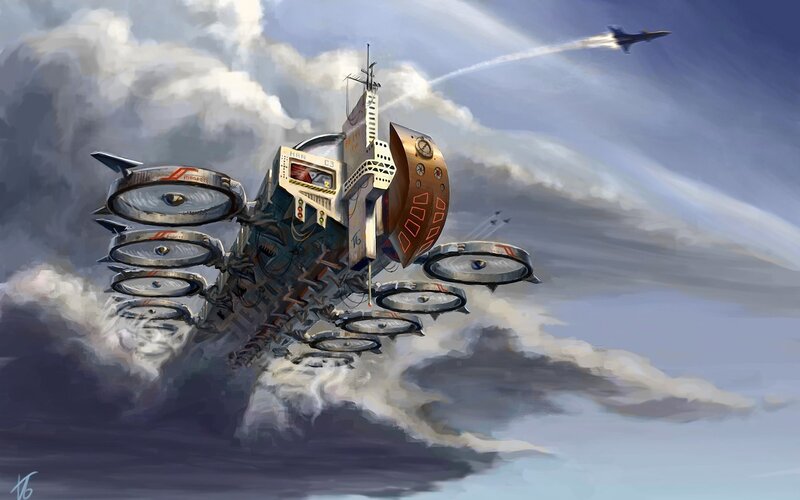 Futuristic flying vehicle in clouds