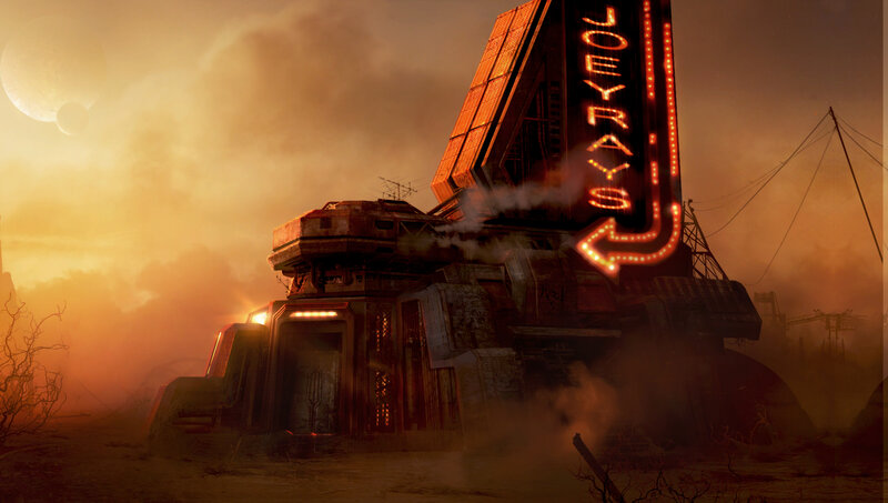 futuristic gas station at sunset