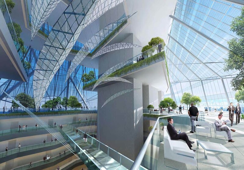 futuristic glass atrium interior