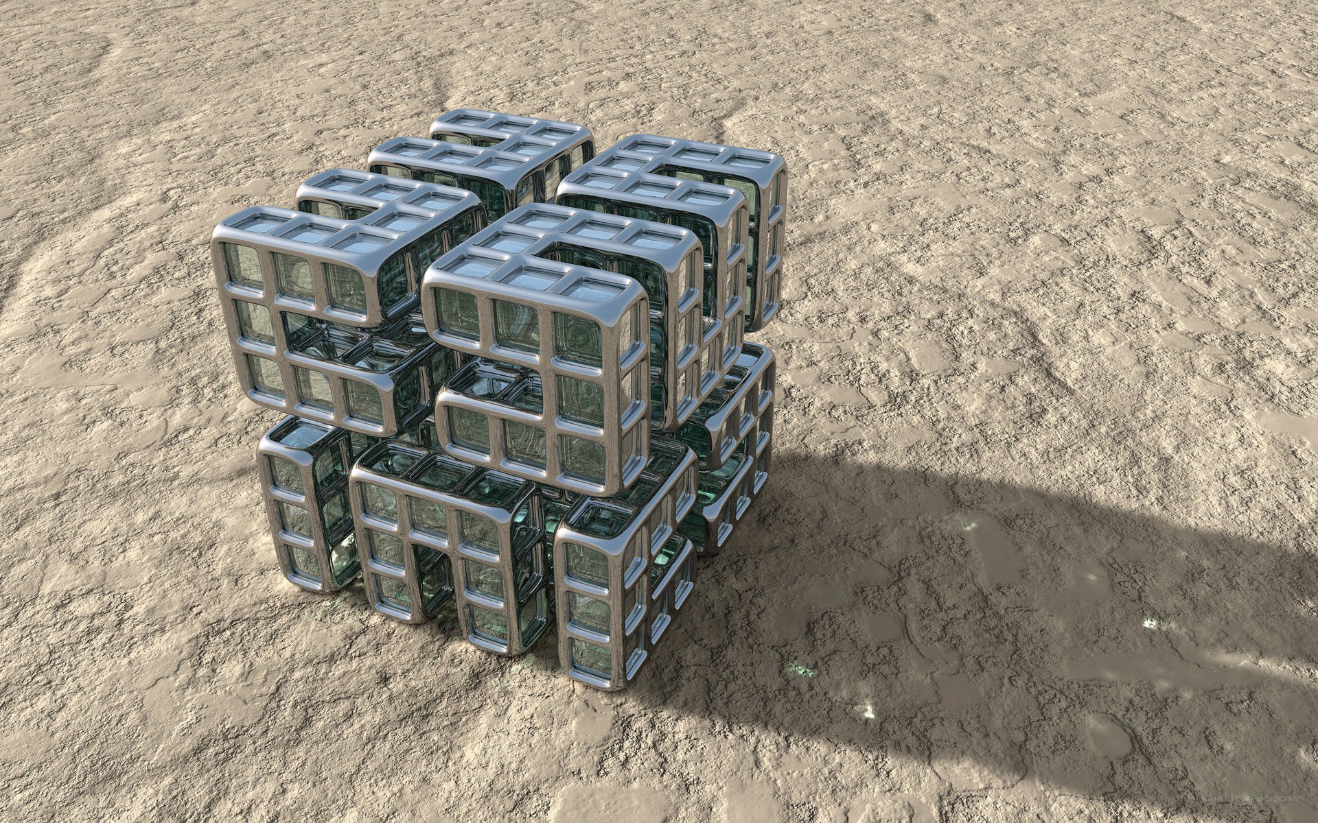 futuristic glass cubes on sand