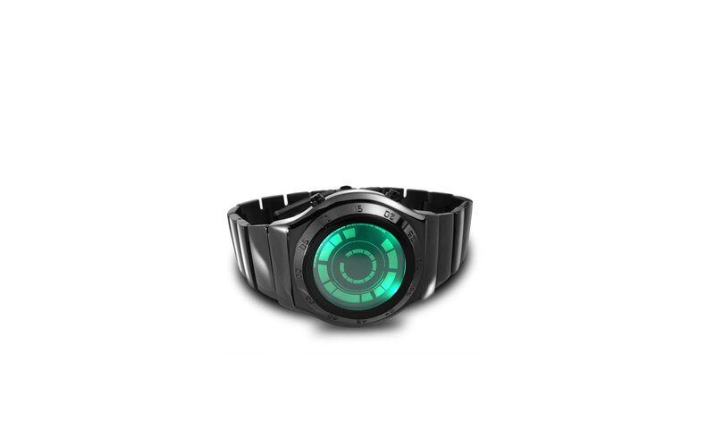 futuristic green-lit watch