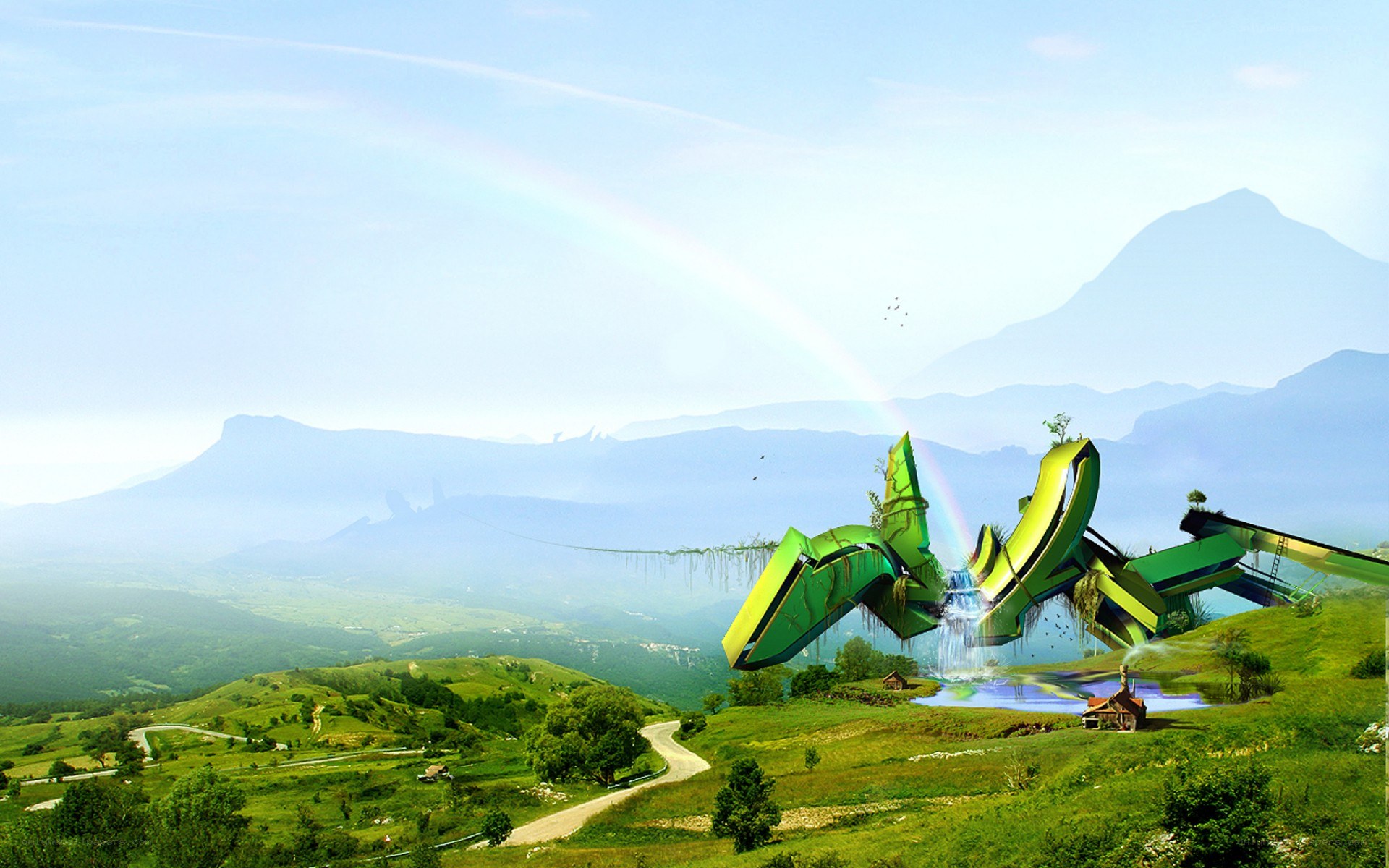 Futuristic green structure in a valley