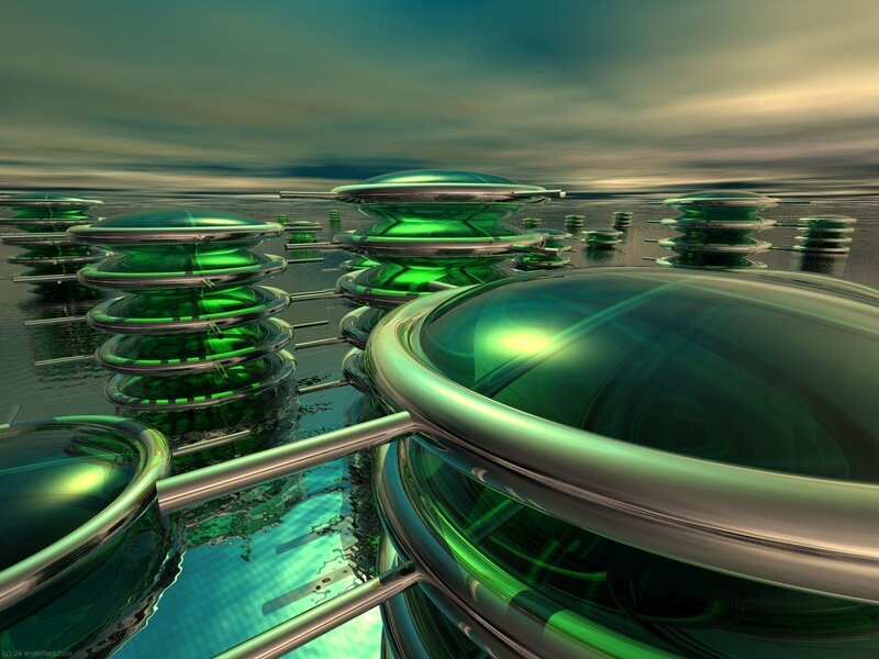 Futuristic green structures on water