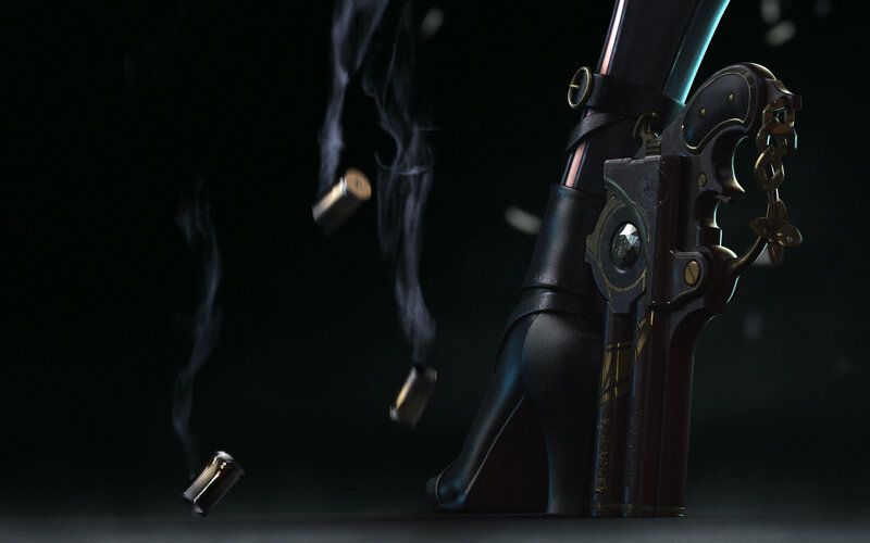 Futuristic gun with ejected casings