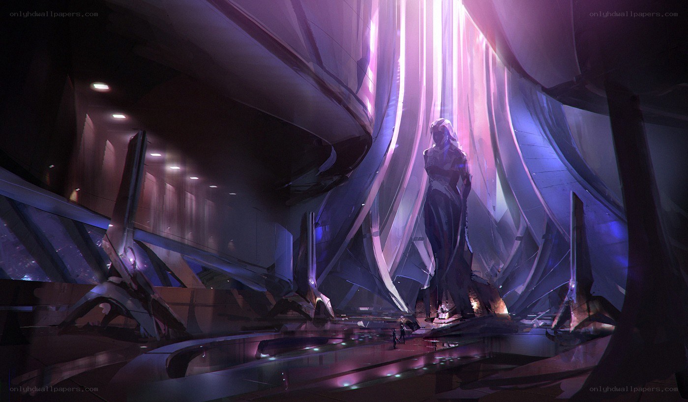 futuristic hall with statue
