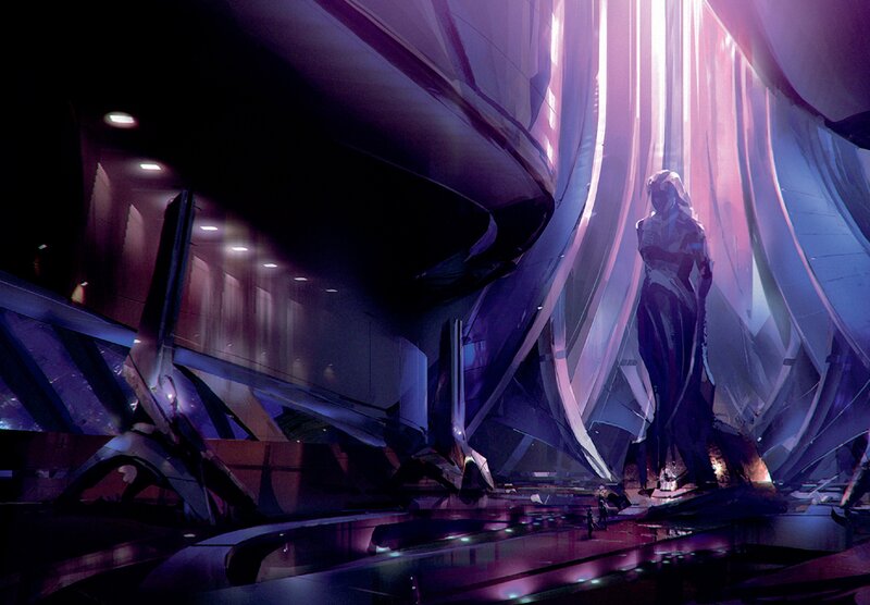 futuristic hall with statue