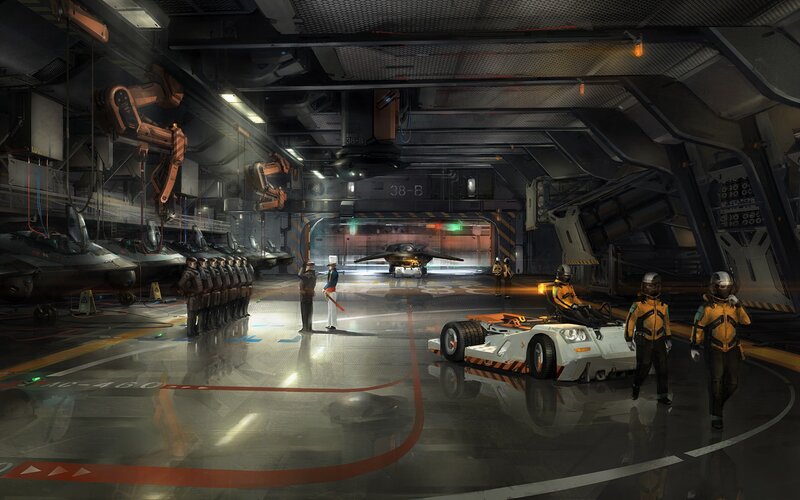 Futuristic hangar with military personnel