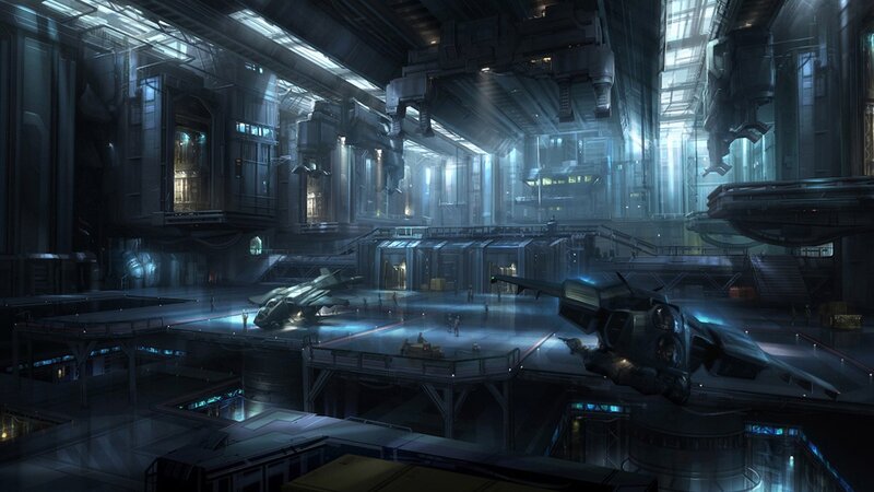 Futuristic Hangar with Ships — Blue