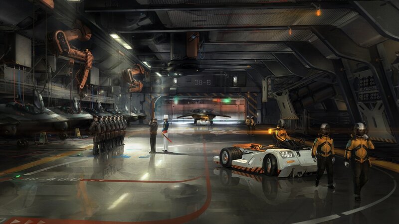 Futuristic hangar with vehicles and personnel