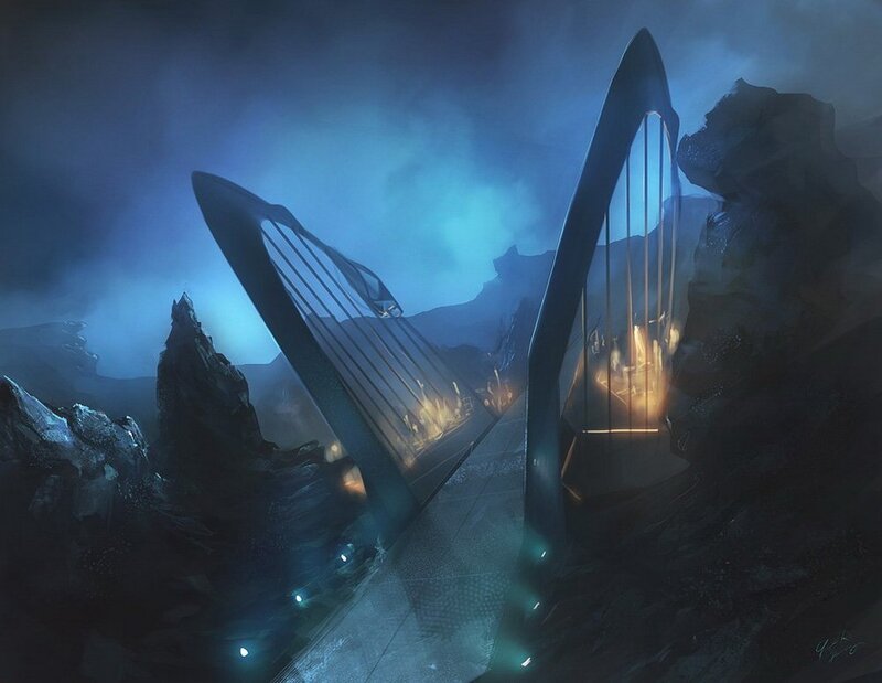 Futuristic harp in a misty landscape