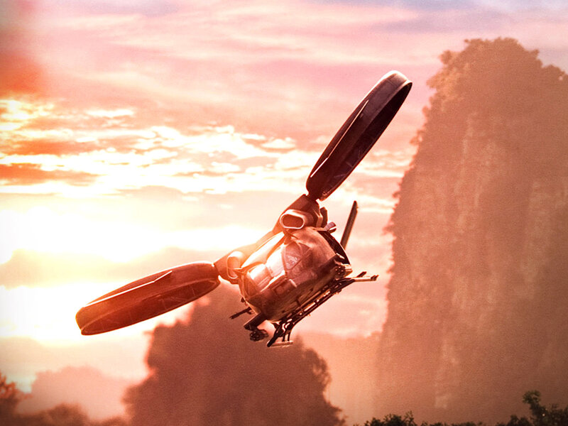 futuristic helicopter at sunset