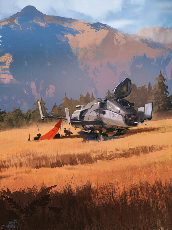 Futuristic Helicopter in Field