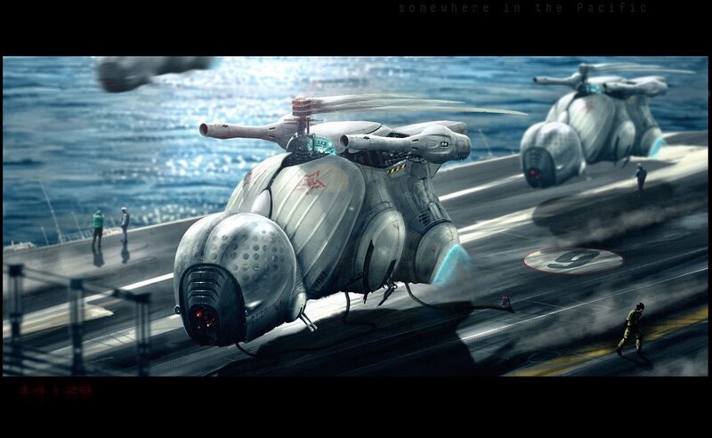Futuristic helicopters on aircraft carrier