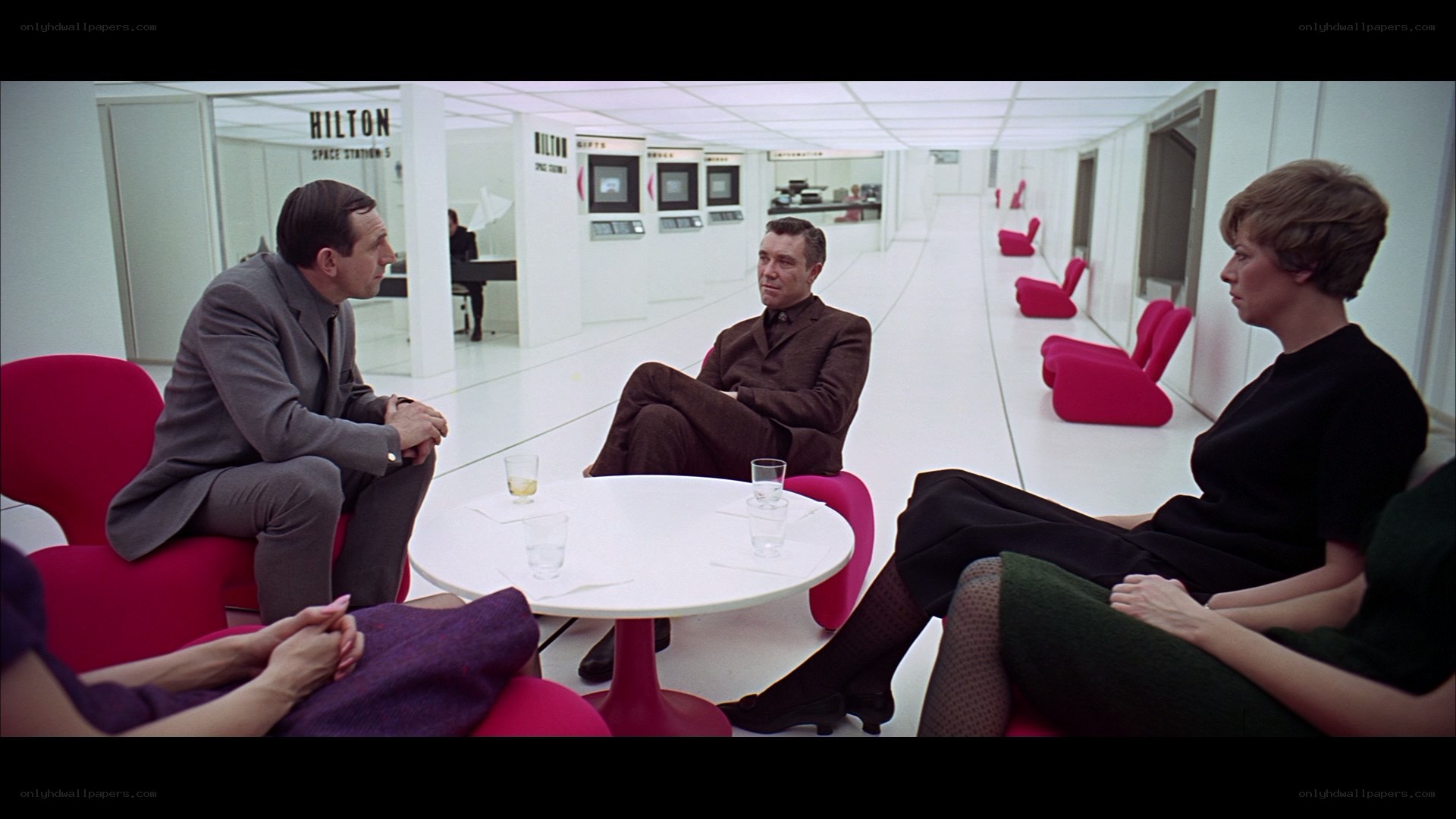 Futuristic hotel lounge scene