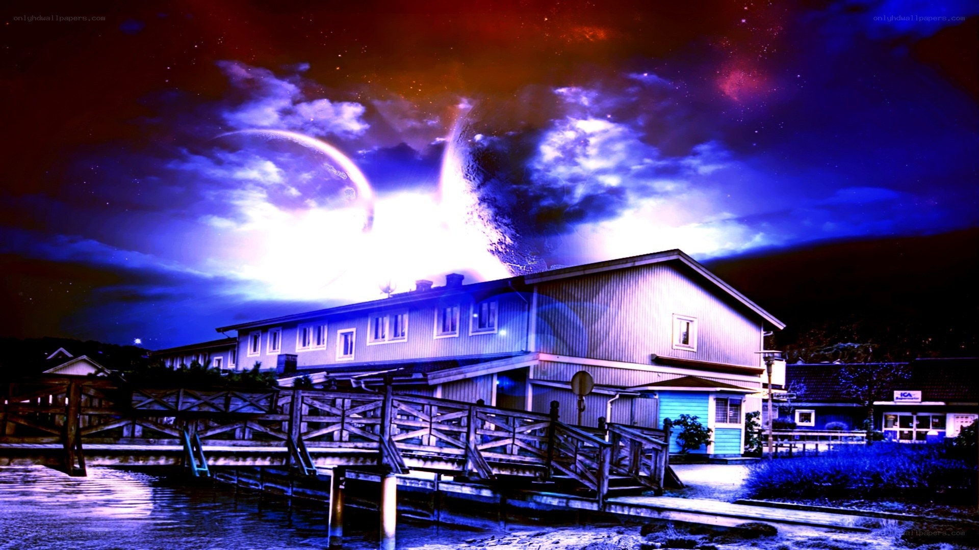 Futuristic house under alien sky