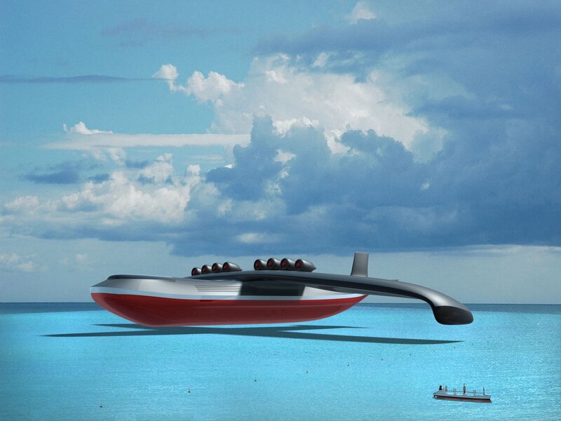 Futuristic hovercraft over ocean