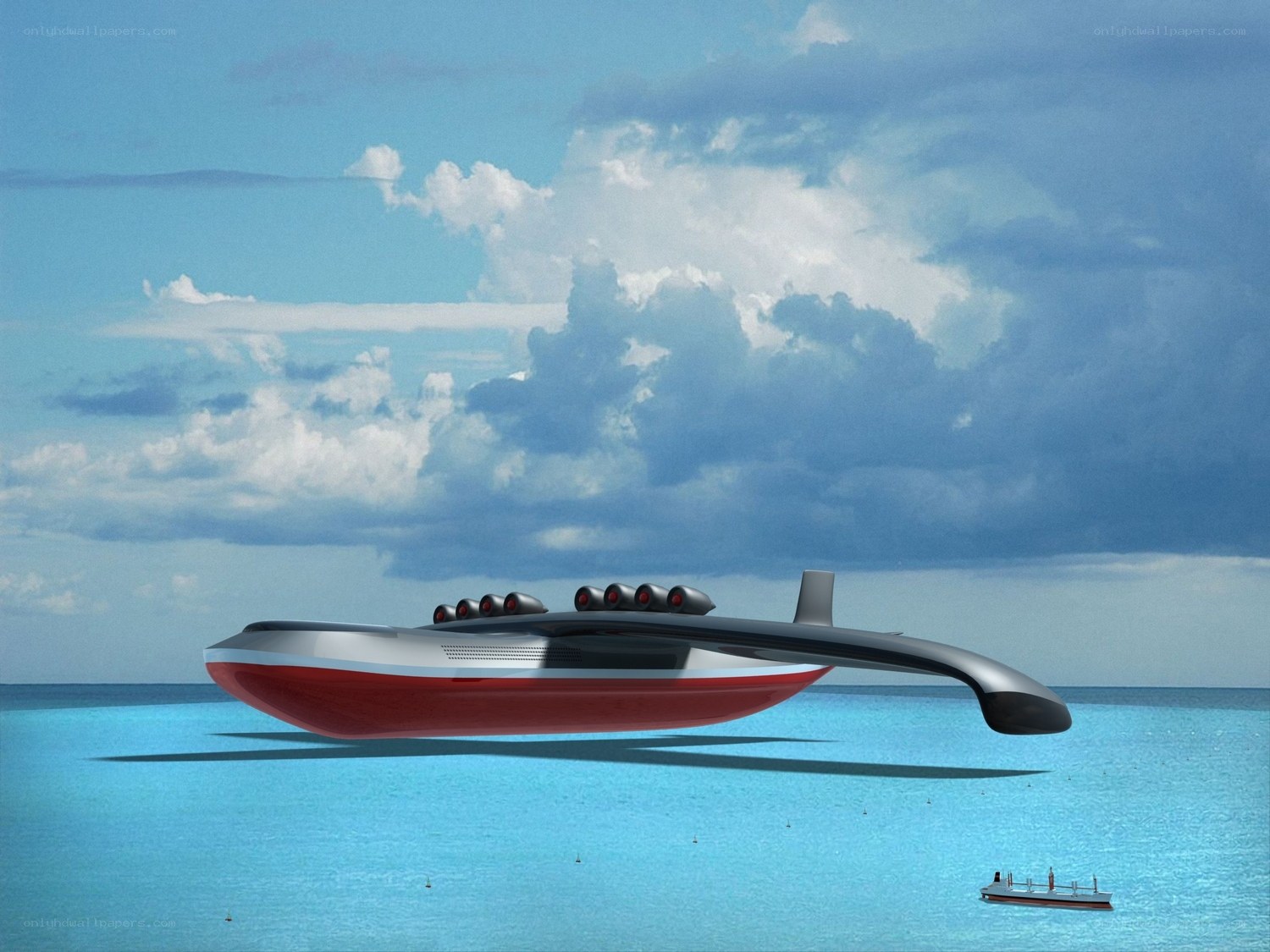 Futuristic hovercraft over ocean