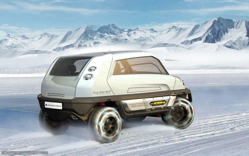 futuristic hybrid vehicle in snow