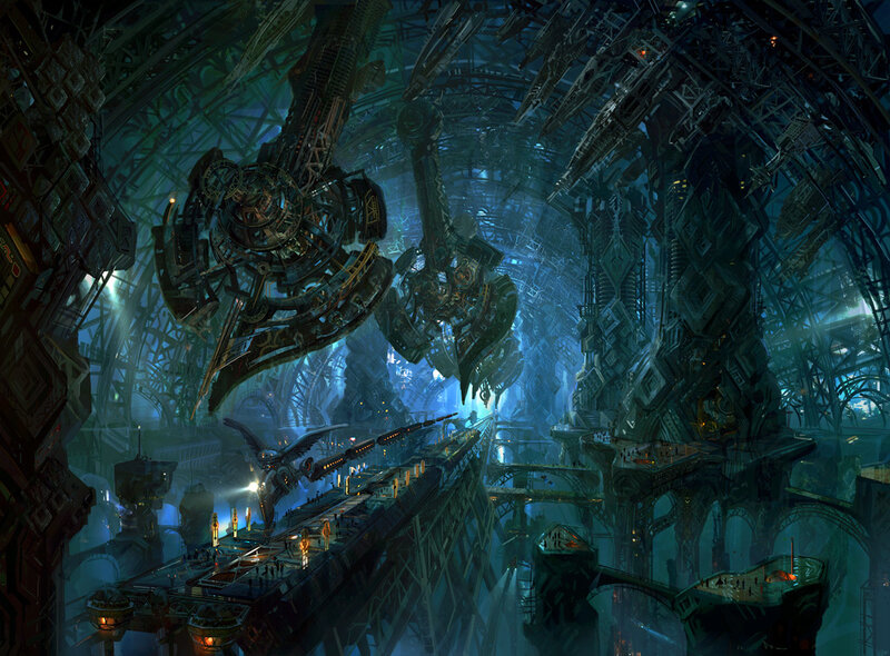Futuristic Industrial Complex — Blue, Dramatic, Night, Digital Art, Mechanical Structures