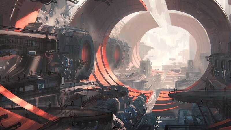 Futuristic Industrial Complex — Gray, Dramatic, Digital Art, Large Tunnels