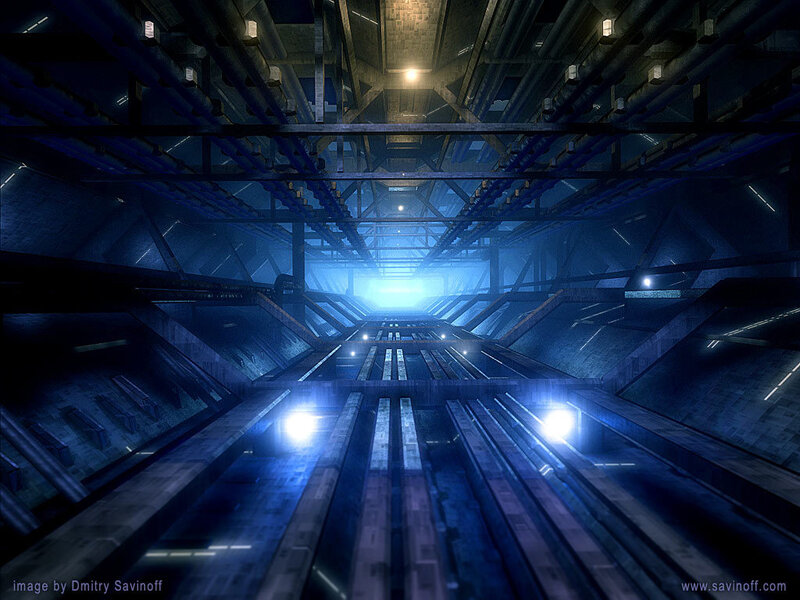 Futuristic Industrial Corridor — Blue, Dramatic, Digital Art