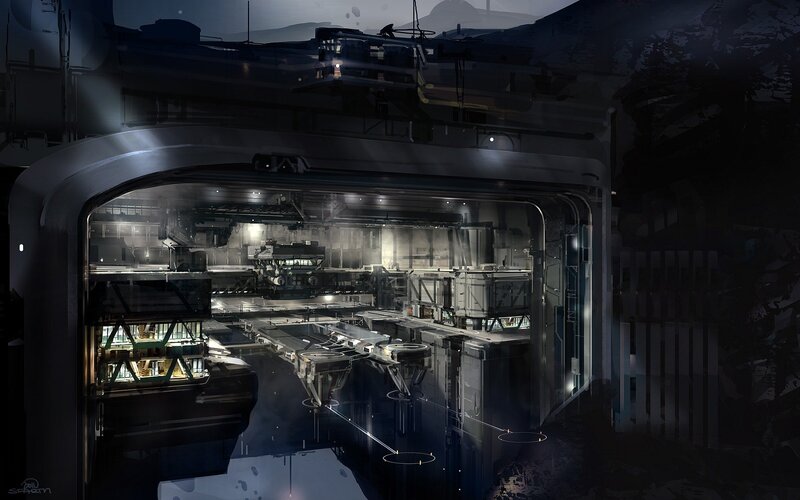 Futuristic Industrial Interior — Gray, Dramatic, Night