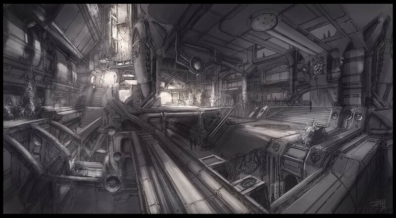 Futuristic Industrial Interior — Gray, Dramatic