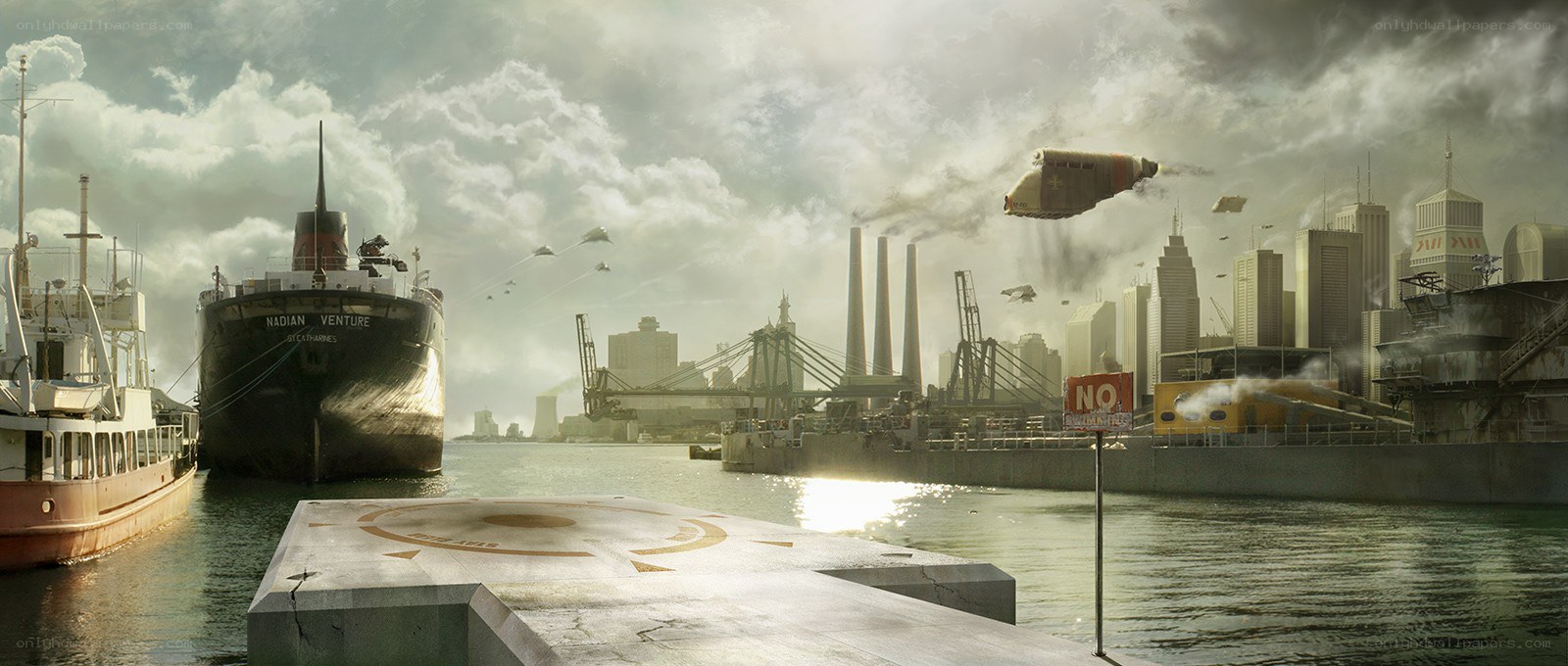 Futuristic industrial port scene