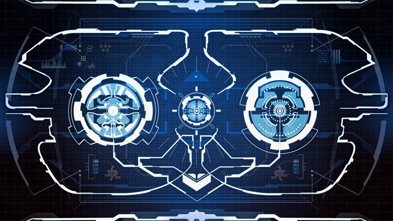 Futuristic Interface Display — Blue, Technological, Digital Art, Circular Dials