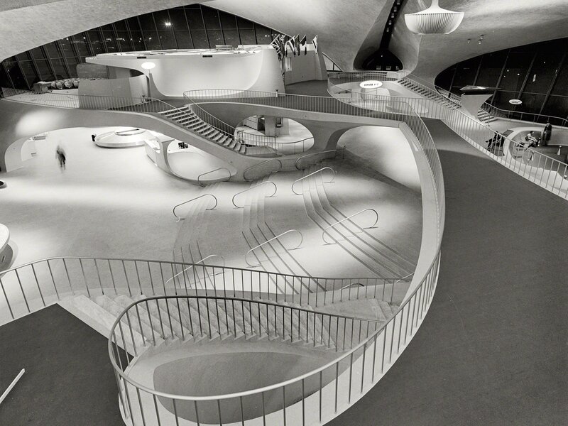 Futuristic interior with curved staircases