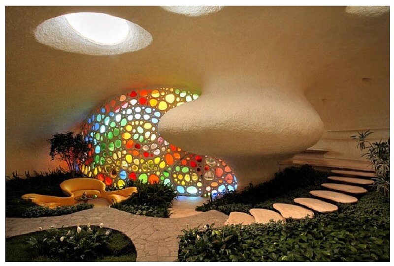 Futuristic interior with stained glass
