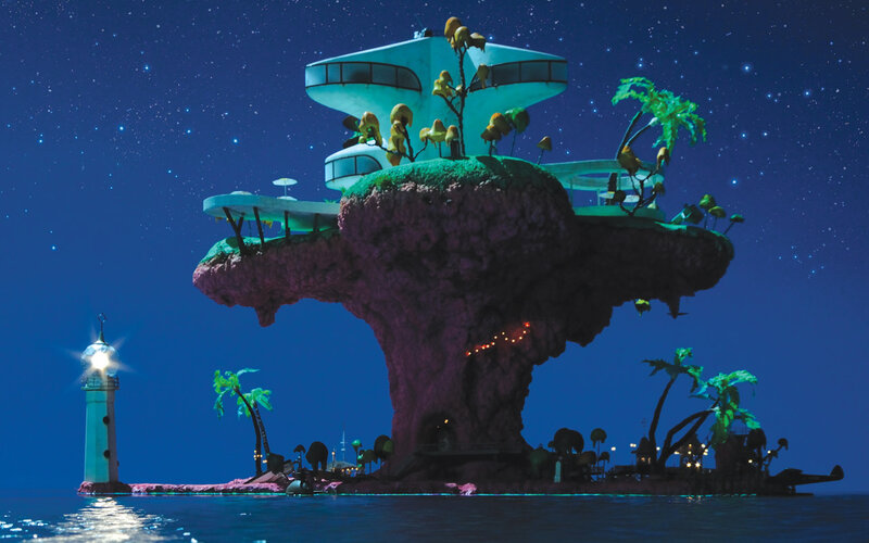 futuristic island at night