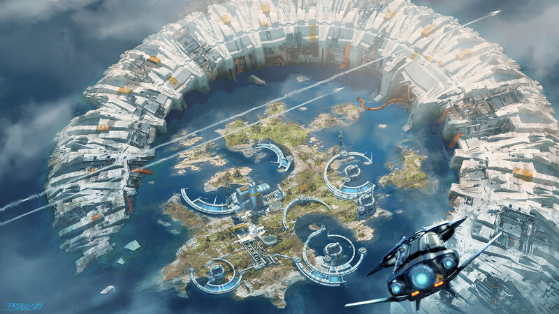 Futuristic Island City — Blue, Dramatic, Digital Art