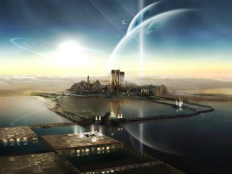 Futuristic Island City — Blue, Dramatic, Night