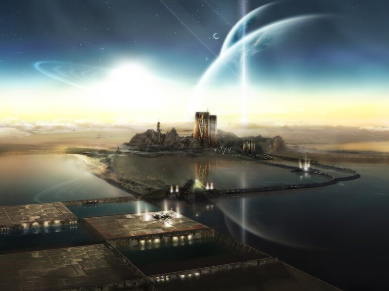 Futuristic Island City — Blue, Dramatic, Sunset, Digital Art, Planet, Moon, Ringed Planet, Yellow